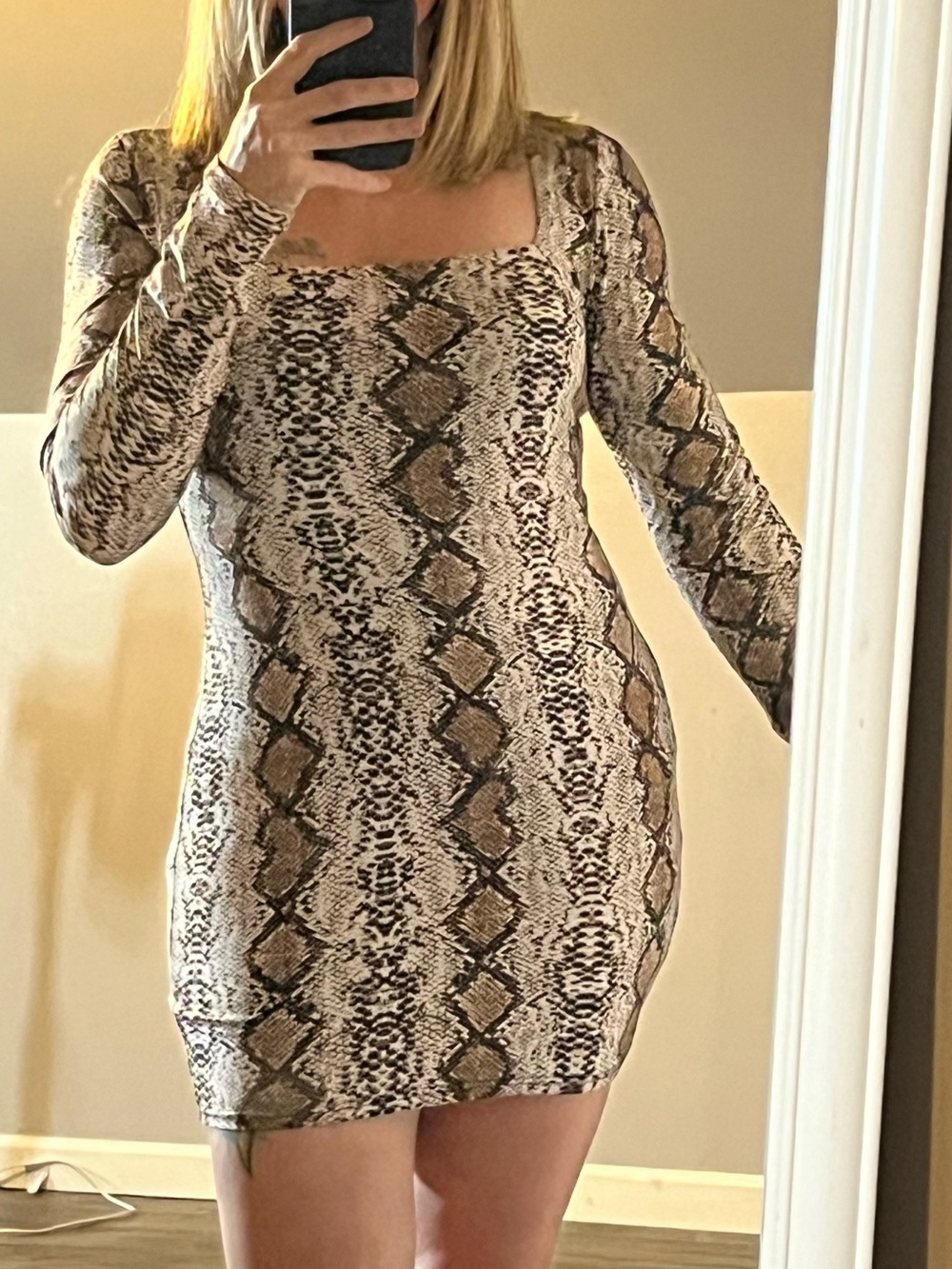 Windsor Neutral Snake-Print Square Neck Mini Dress